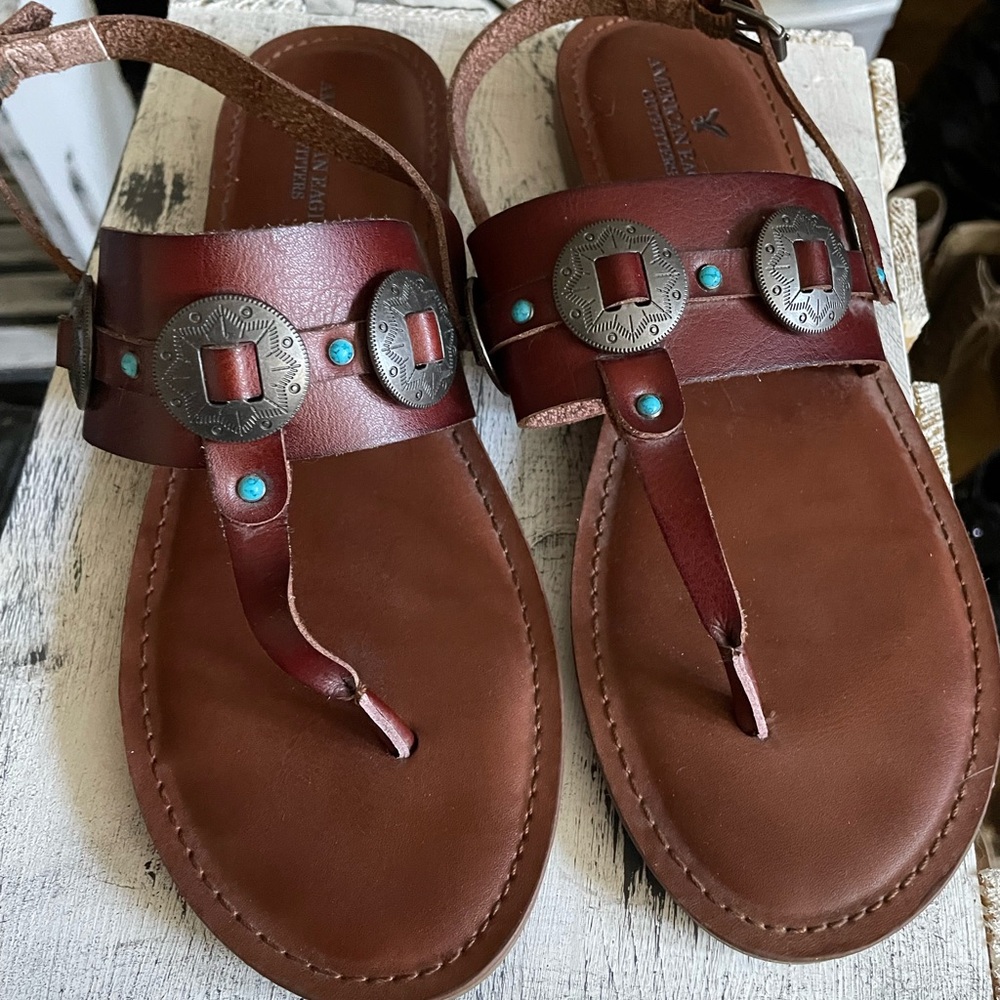 American Eagle Outfitters leather cognac (wine) sandals with turquoise and metal